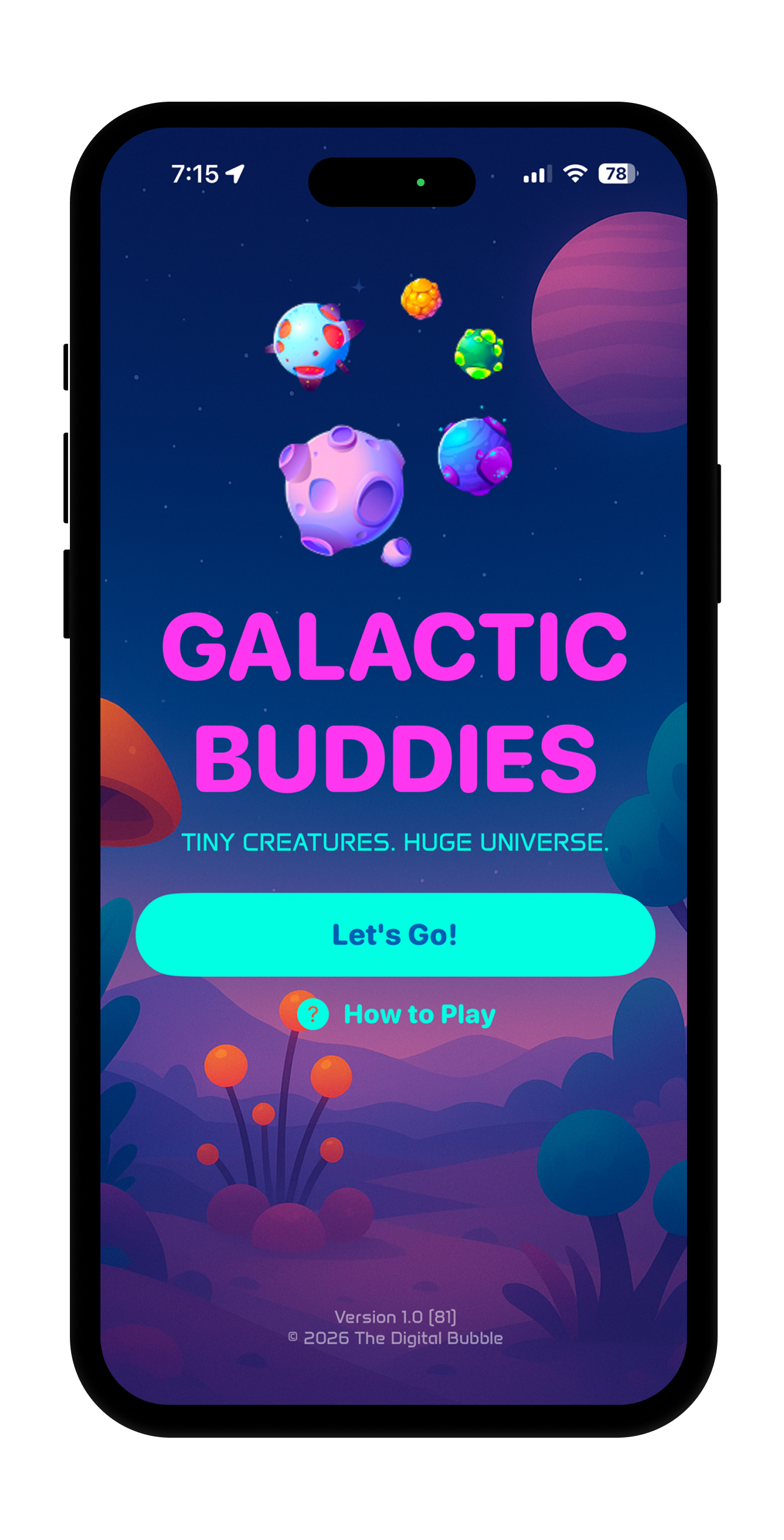 Galactic Buddies app screenshot showing an alien buddy